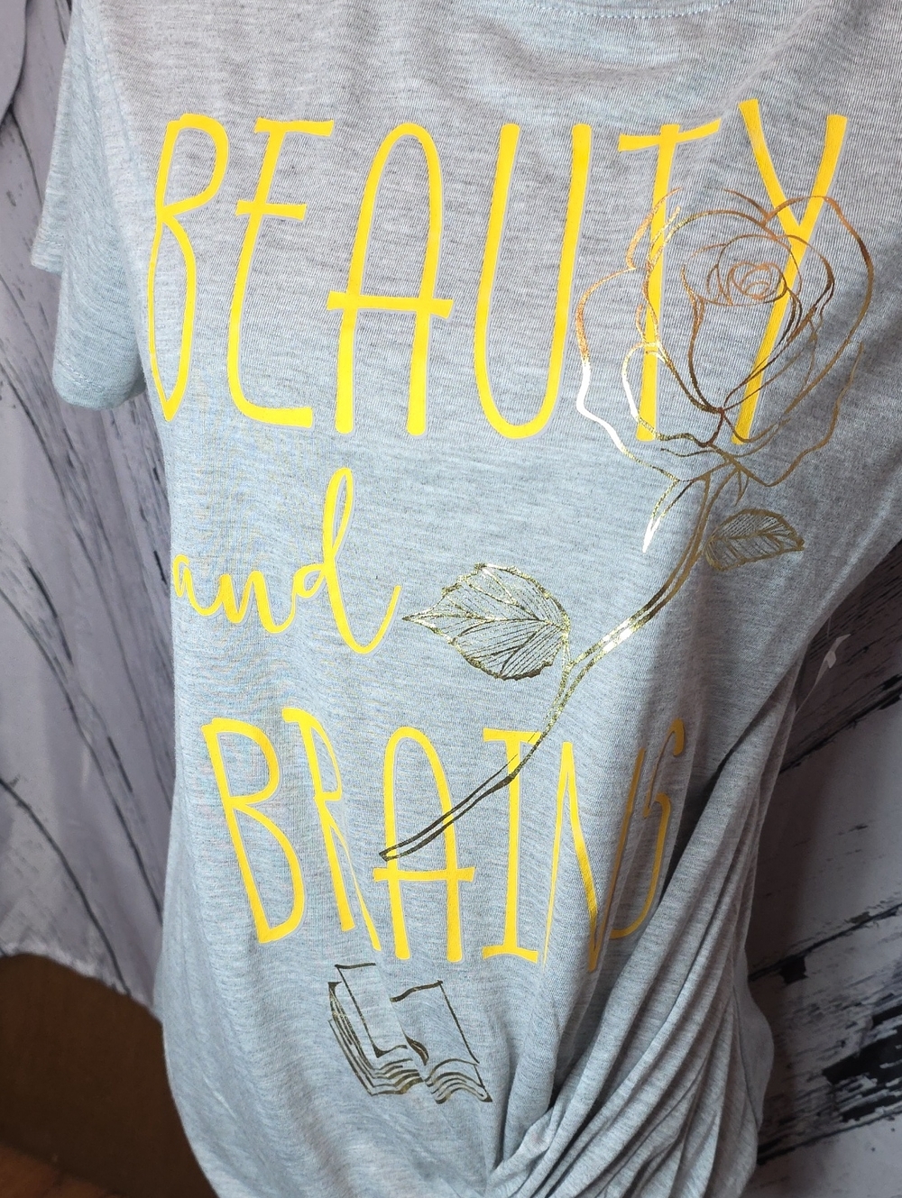 Disney Parks T-Shirt "Beauty and Brains" M Last One Brushed Gray & Yellow & Foil - Picture 3 of 7